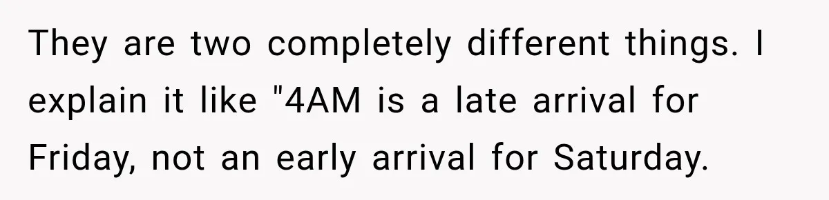 They are two completely different things. I explain it like "4AM is a late arrival for Friday, not an early arrival for Saturday.