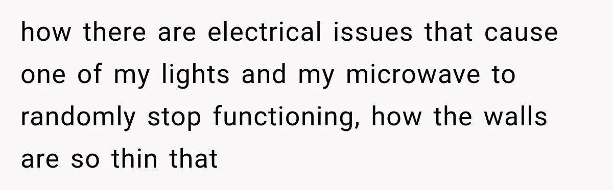 how there are electrical issues that cause one of my lights and my microwave to randomly stop functioning, how the walls are so thin that
