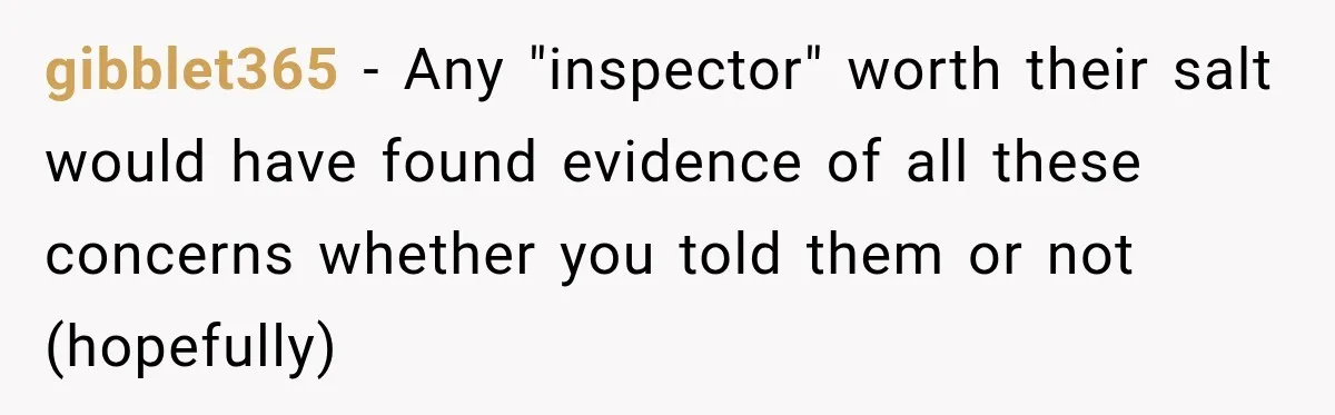 gibblet365 − Any "inspector" worth their salt would have found evidence of all these concerns whether you told them or not (hopefully)