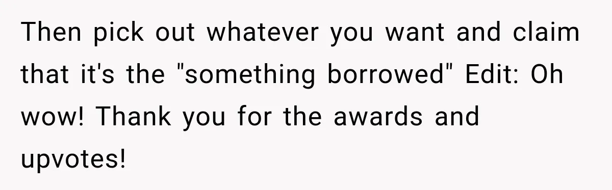 Then pick out whatever you want and claim that it's the "something borrowed" Edit: Oh wow! Thank you for the awards and upvotes!