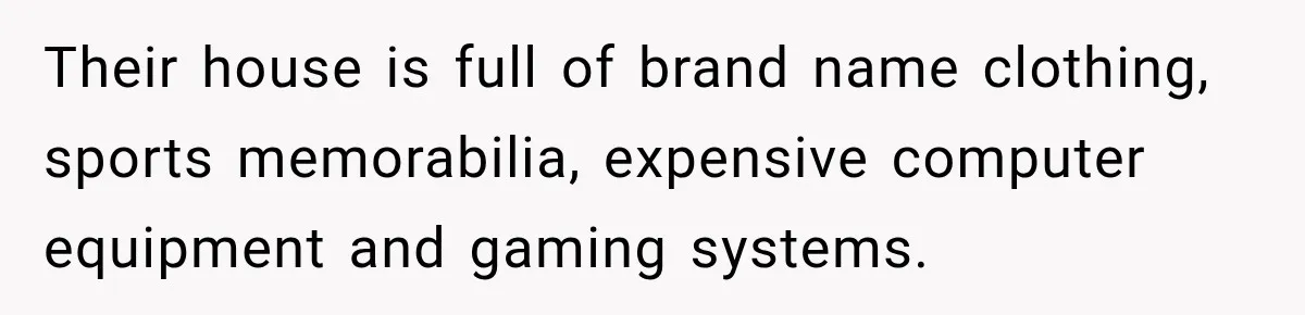 Their house is full of brand name clothing, sports memorabilia, expensive computer equipment and gaming systems.