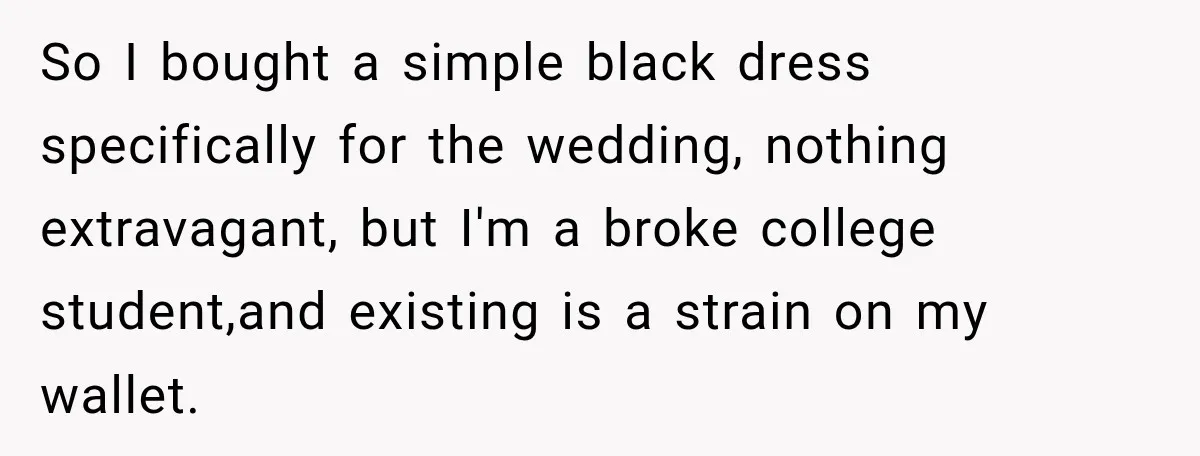 So I bought a simple black dress specifically for the wedding, nothing extravagant, but I'm a broke college student,and existing is a strain on my wallet.
