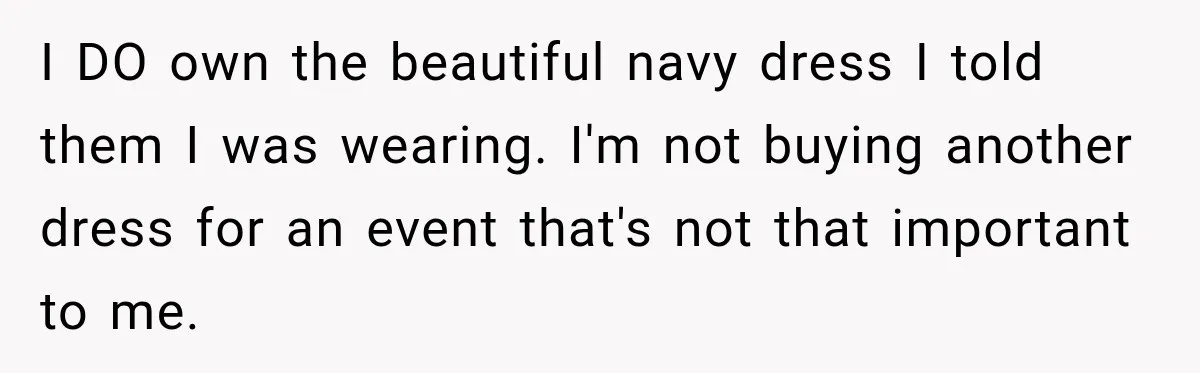 I DO own the beautiful navy dress I told them I was wearing. I'm not buying another dress for an event that's not that important to me.
