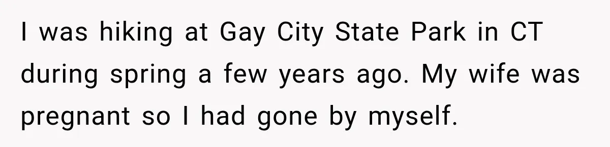 I was hiking at Gay City State Park in CT during spring a few years ago. My wife was pregnant so I had gone by myself.