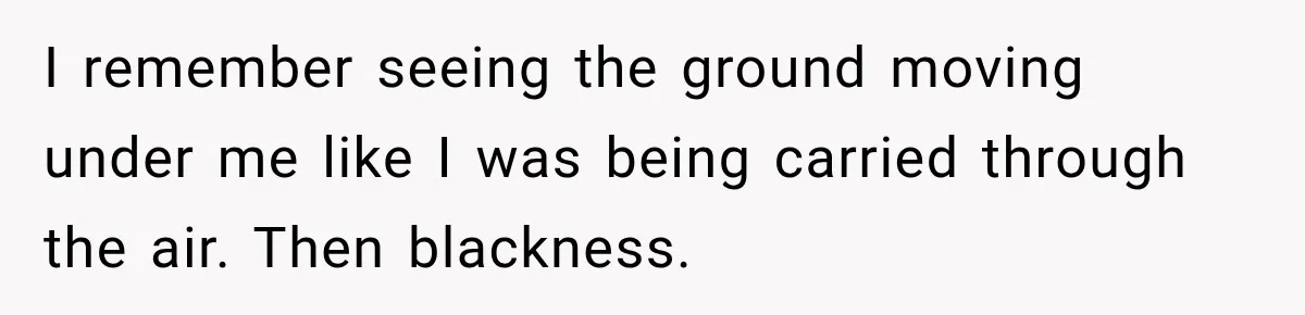 I remember seeing the ground moving under me like I was being carried through the air. Then blackness.