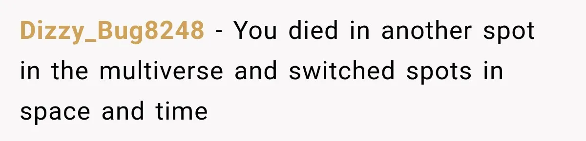 Dizzy_Bug8248 − You died in another spot in the multiverse and switched spots in space and time