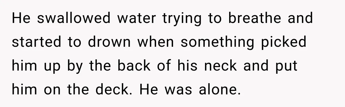 He swallowed water trying to breathe and started to drown when something picked him up by the back of his neck and put him on the deck. He was alone.