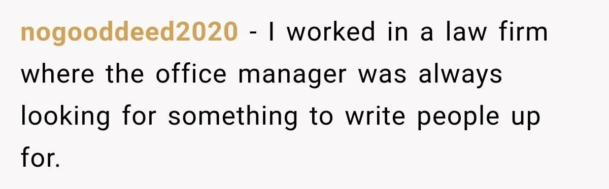 nogooddeed2020 − I worked in a law firm where the office manager was always looking for something to write people up for.