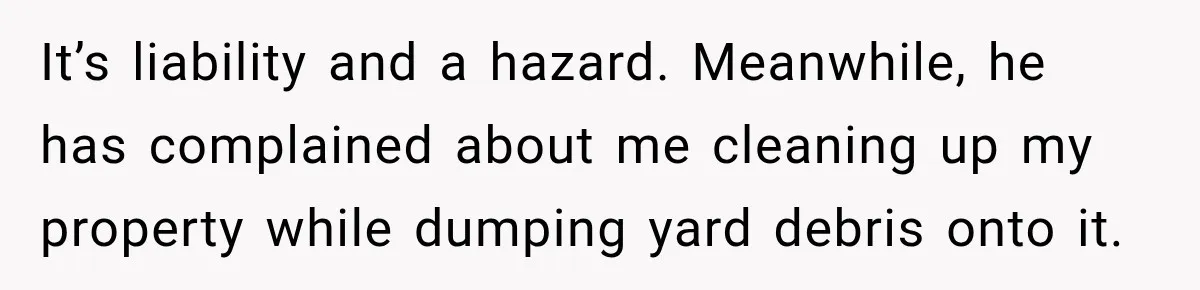 It’s liability and a hazard. Meanwhile, he has complained about me cleaning up my property while dumping yard debris onto it.