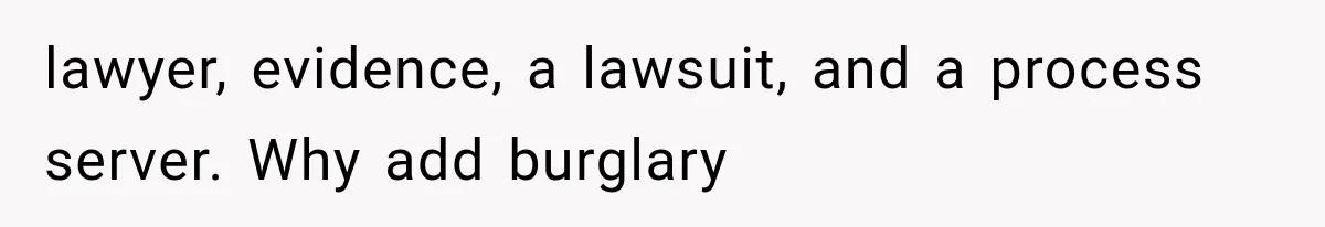 lawyer, evidence, a lawsuit, and a process server. Why add burglary