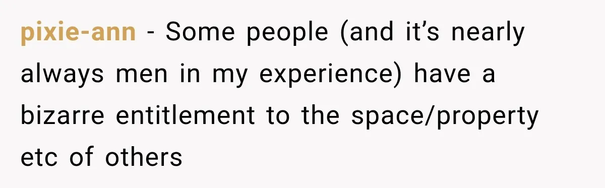 pixie-ann − Some people (and it’s nearly always men in my experience) have a bizarre entitlement to the space/property etc of others