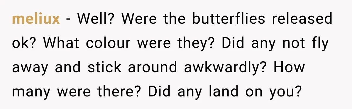 meliux − Well? Were the butterflies released ok? What colour were they? Did any not fly away and stick around awkwardly? How many were there? Did any land on you?