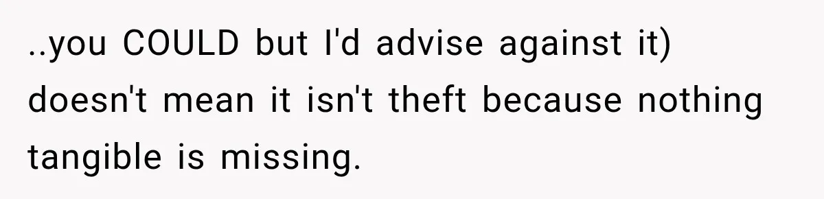 ..you COULD but I'd advise against it) doesn't mean it isn't theft because nothing tangible is missing.