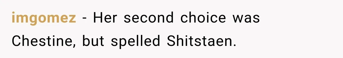 imgomez − Her second choice was Chestine, but spelled Shitstaen.