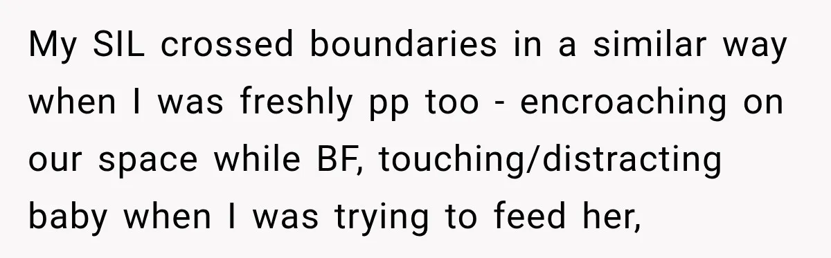 My SIL crossed boundaries in a similar way when I was freshly pp too - encroaching on our space while BF, touching/distracting baby when I was trying to feed her,