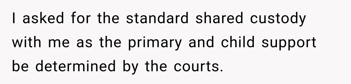 I asked for the standard shared custody with me as the primary and child support be determined by the courts.