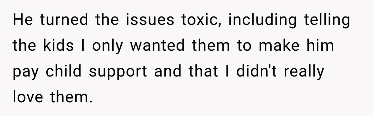 He turned the issues toxic, including telling the kids I only wanted them to make him pay child support and that I didn't really love them.