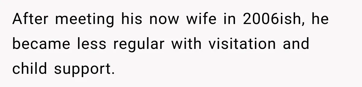 After meeting his now wife in 2006ish, he became less regular with visitation and child support.