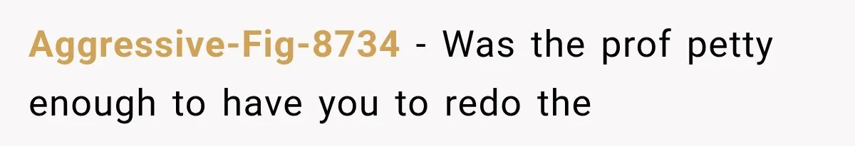 Aggressive-Fig-8734 − Was the prof petty enough to have you to redo the