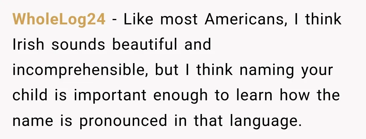 WholeLog24 − Like most Americans, I think Irish sounds beautiful and incomprehensible, but I think naming your child is important enough to learn how the name is pronounced in that...
