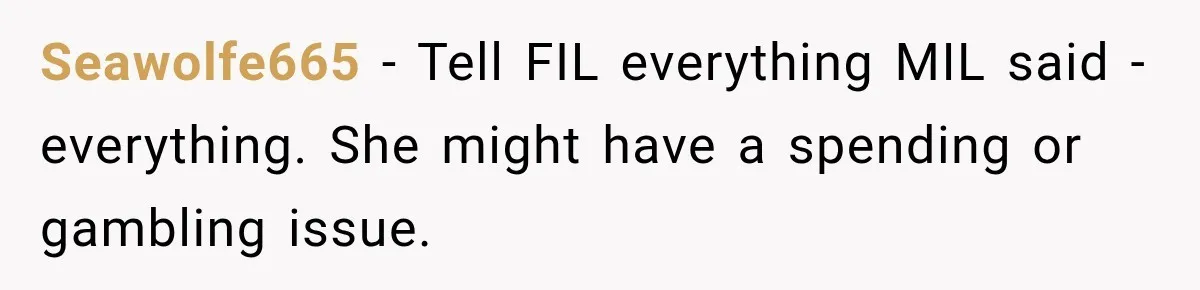 Seawolfe665 − Tell FIL everything MIL said - everything. She might have a spending or gambling issue.
