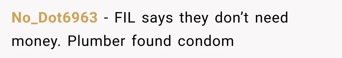 No_Dot6963 − FIL says they don’t need money. Plumber found condom