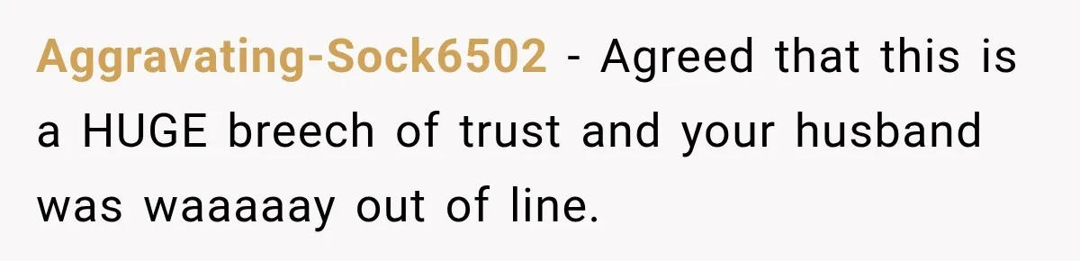 Aggravating-Sock6502 − Agreed that this is a HUGE breech of trust and your husband was waaaaay out of line.