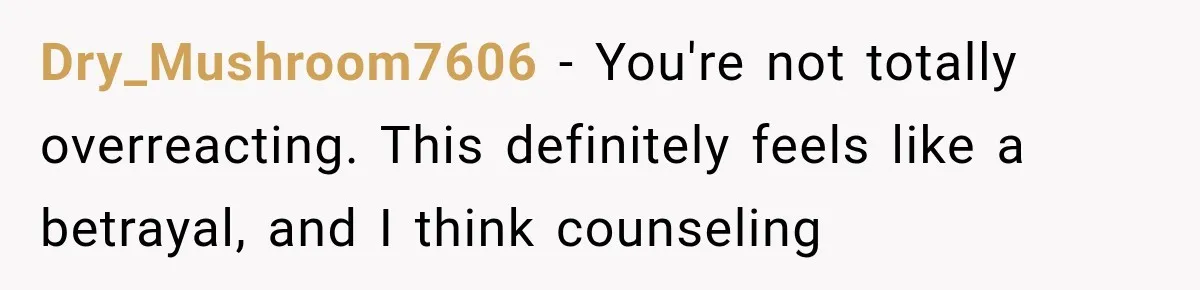 Dry_Mushroom7606 − You're not totally overreacting. This definitely feels like a betrayal, and I think counseling