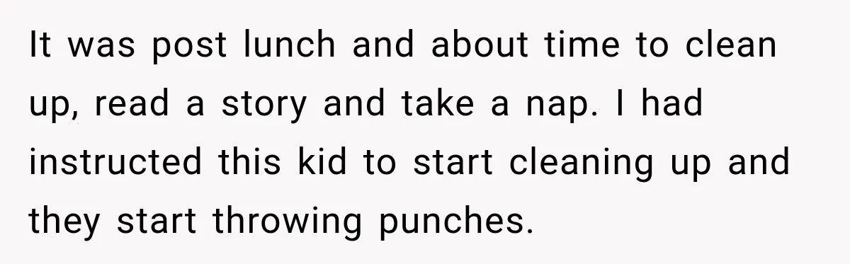It was post lunch and about time to clean up, read a story and take a nap. I had instructed this kid to start cleaning up and they start throwing...