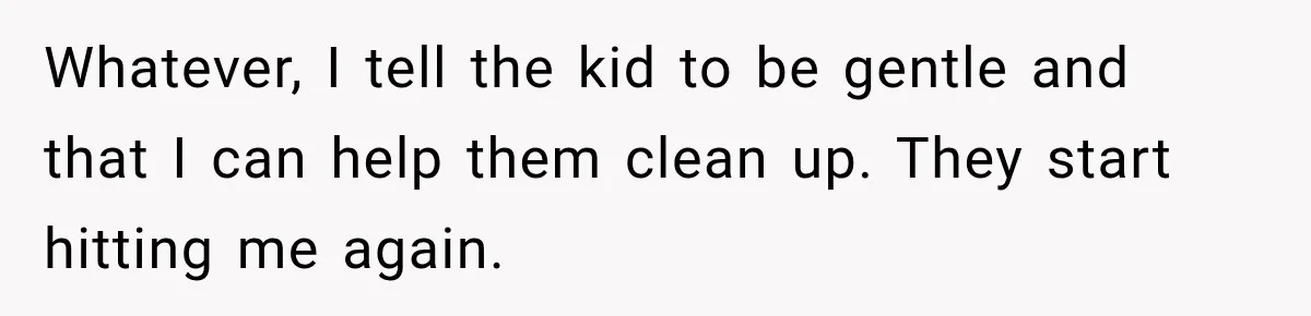 Whatever, I tell the kid to be gentle and that I can help them clean up. They start hitting me again.