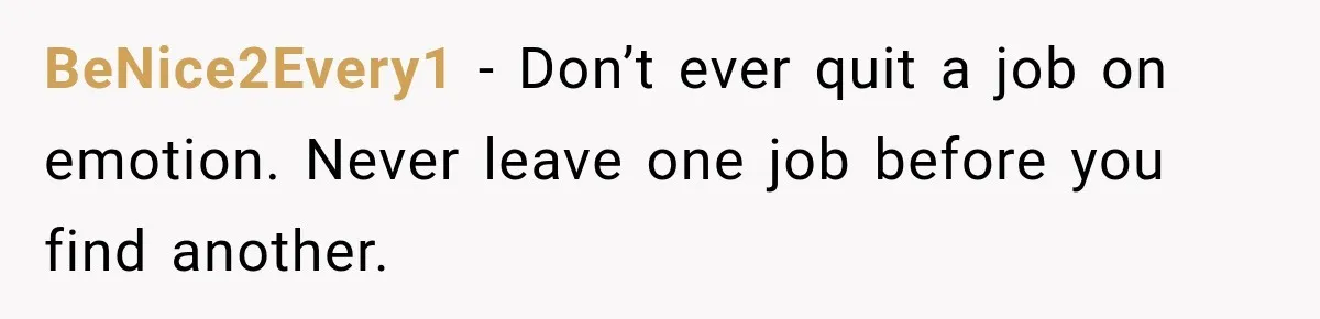 BeNice2Every1 − Don’t ever quit a job on emotion. Never leave one job before you find another.