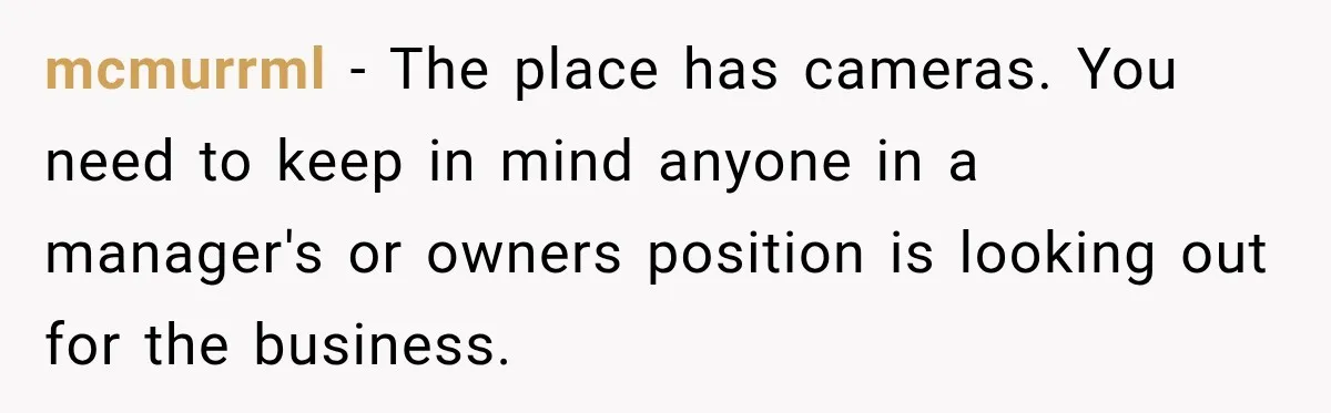 mcmurrml − The place has cameras. You need to keep in mind anyone in a manager's or owners position is looking out for the business.