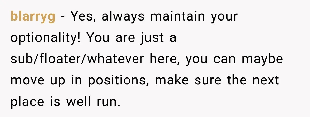 blarryg − Yes, always maintain your optionality! You are just a sub/floater/whatever here, you can maybe move up in positions, make sure the next place is well run.