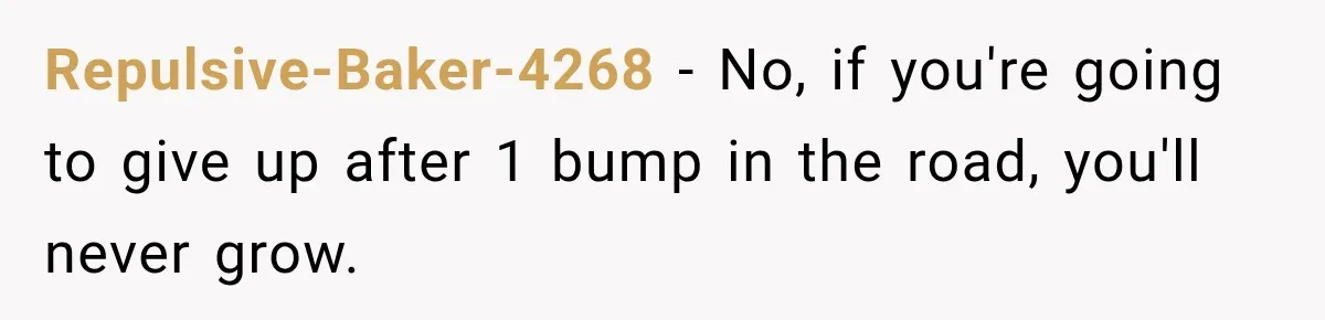 Repulsive-Baker-4268 − No, if you're going to give up after 1 bump in the road, you'll never grow.