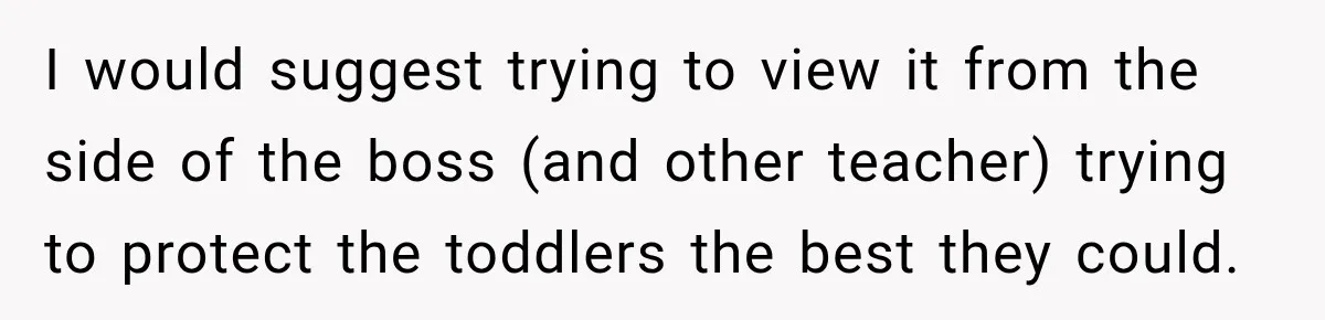 I would suggest trying to view it from the side of the boss (and other teacher) trying to protect the toddlers the best they could.