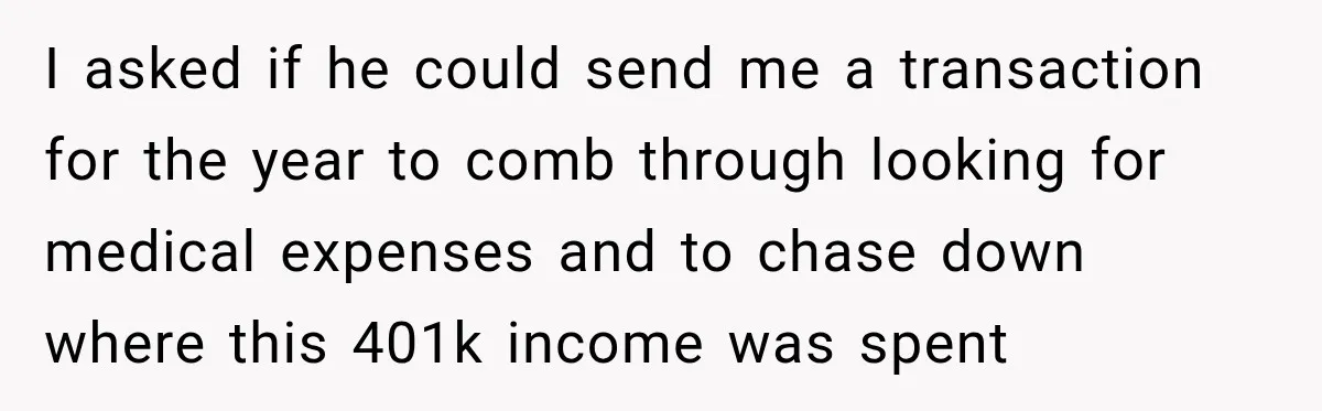 I asked if he could send me a transaction for the year to comb through looking for medical expenses and to chase down where this 401k income was spent
