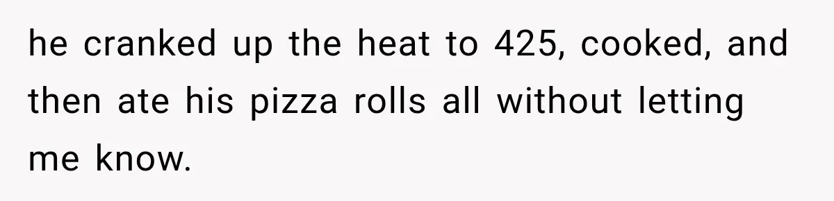 he cranked up the heat to 425, cooked, and then ate his pizza rolls all without letting me know.