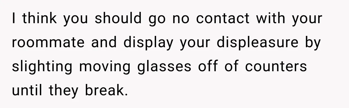 I think you should go no contact with your roommate and display your displeasure by slighting moving glasses off of counters until they break.