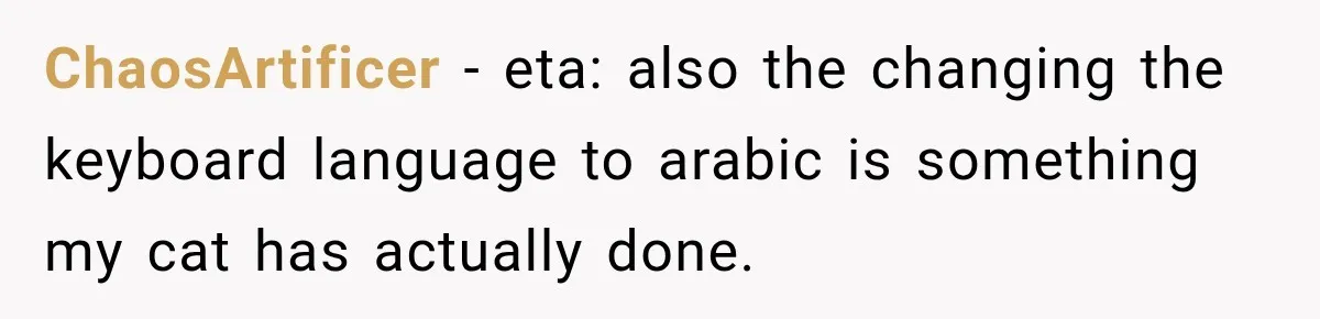 ChaosArtificer − eta: also the changing the keyboard language to arabic is something my cat has actually done.