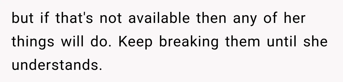 but if that's not available then any of her things will do. Keep breaking them until she understands.