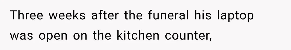 Three weeks after the funeral his laptop was open on the kitchen counter,
