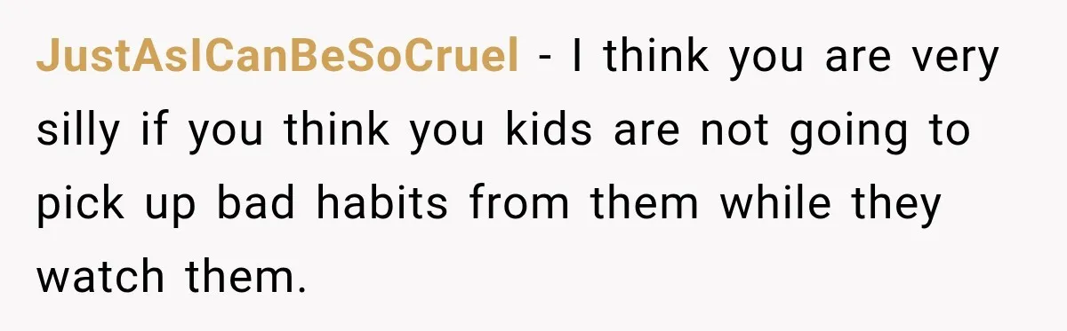 JustAsICanBeSoCruel − I think you are very silly if you think you kids are not going to pick up bad habits from them while they watch them.