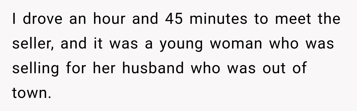 I drove an hour and 45 minutes to meet the seller, and it was a young woman who was selling for her husband who was out of town.