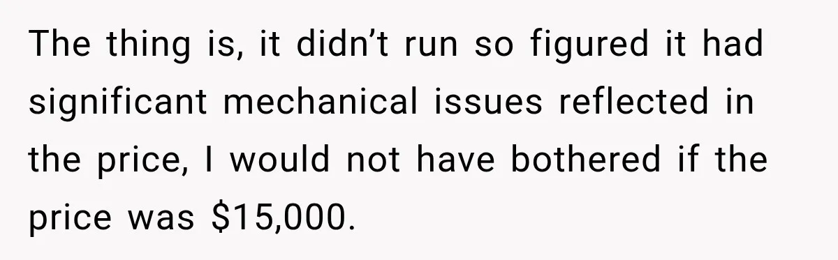 The thing is, it didn’t run so figured it had significant mechanical issues reflected in the price, I would not have bothered if the price was $15,000.
