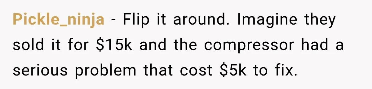 Pickle_ninja − Flip it around. Imagine they sold it for $15k and the compressor had a serious problem that cost $5k to fix.
