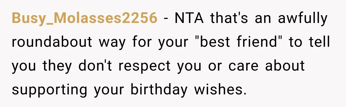 Woman Uninvites Best Friend After They Secretly Add an Unwanted Guest to Her Birthday Trip Busy_Molasses2256 − NTA that's an awfully roundabout way for your "best friend" to tell you they don't respect you or care about supporting your birthday wishes.