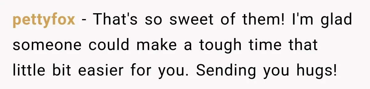 pettyfox − That's so sweet of them! I'm glad someone could make a tough time that little bit easier for you. Sending you hugs!