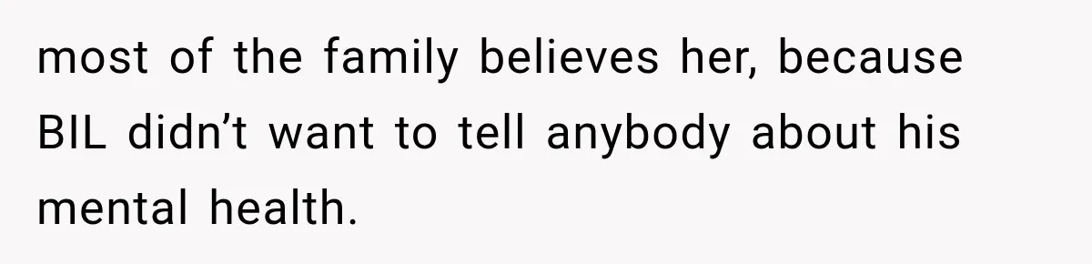 most of the family believes her, because BIL didn’t want to tell anybody about his mental health.