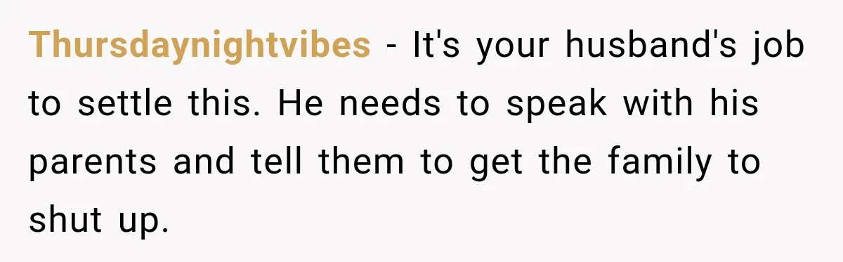 Thursdaynightvibes − It's your husband's job to settle this. He needs to speak with his parents and tell them to get the family to shut up.