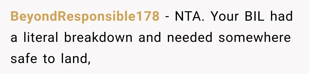 BeyondResponsible178 − NTA. Your BIL had a literal breakdown and needed somewhere safe to land,